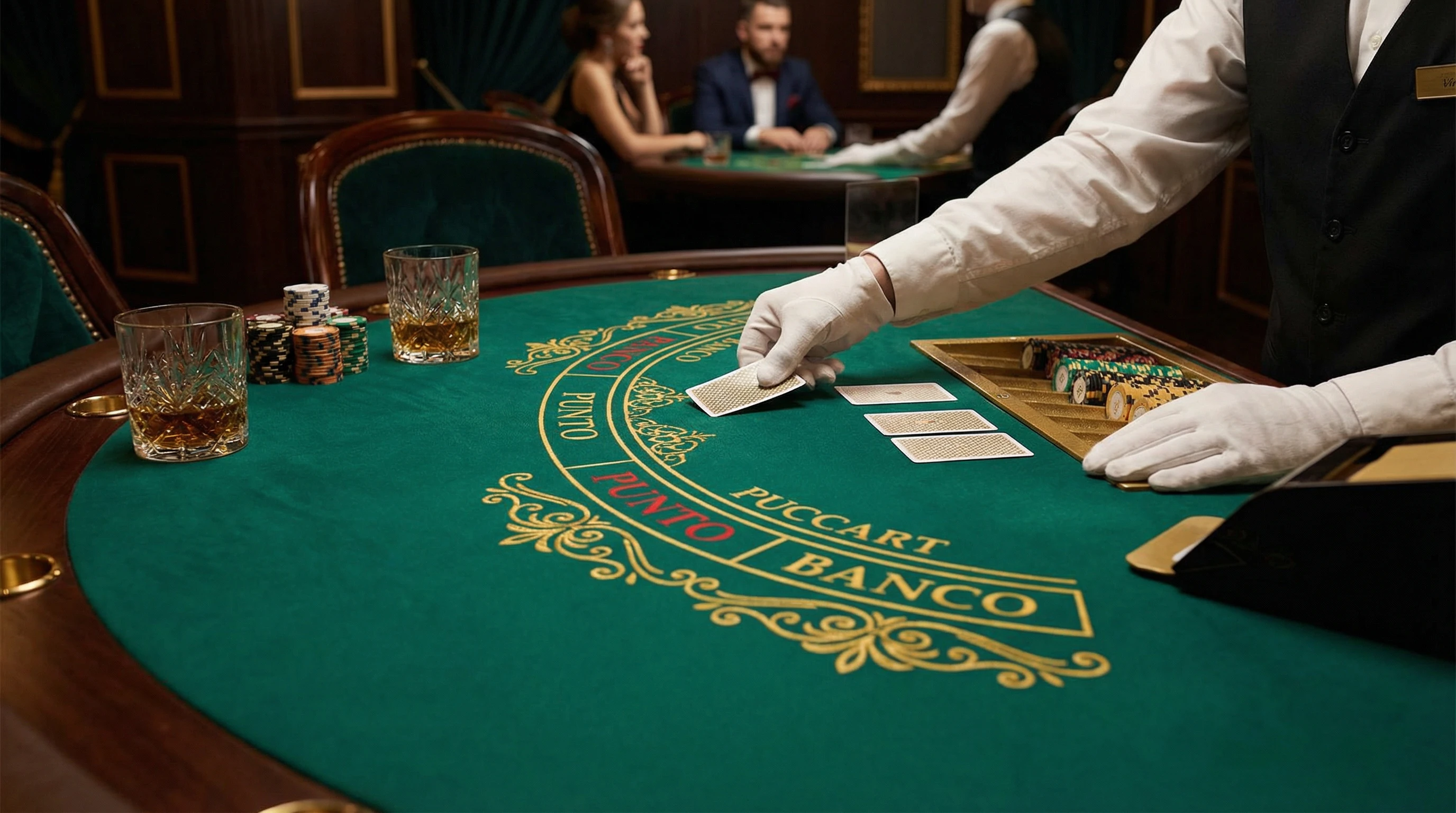 Mesa de bacará VIP con cartas y fichas doradas en Betway Bono