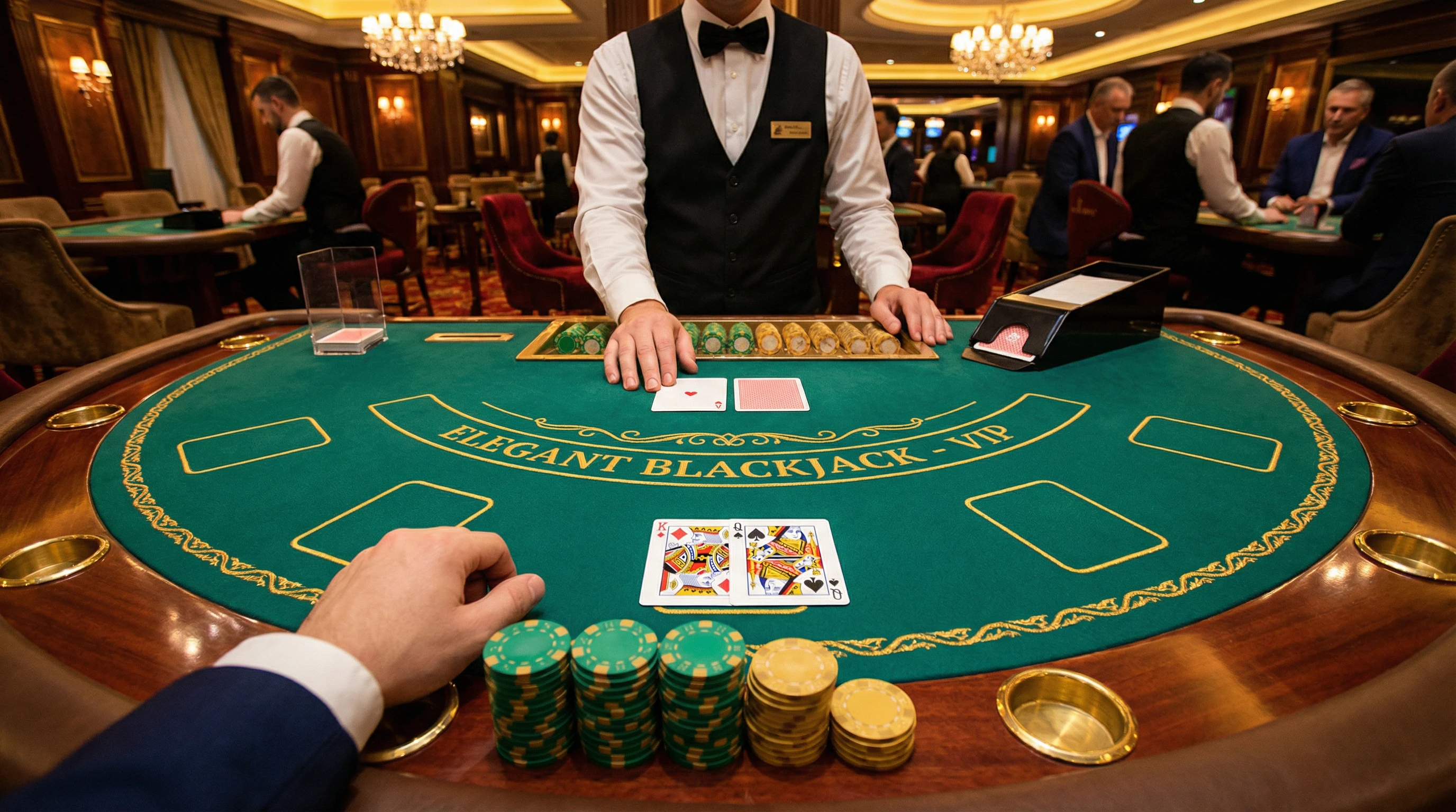 Mesa de blackjack VIP con cartas y fichas en Betway Bono